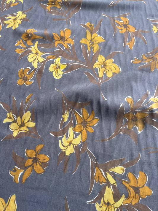 REMCO 035 cotton poplin stretch grey/yellow/camel flowers