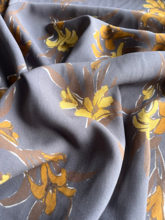 REMCO 035 cotton poplin stretch grey/yellow/camel flowers