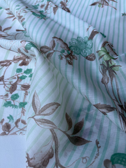 MARGE 020 cotton voile stripes and flowers khaky