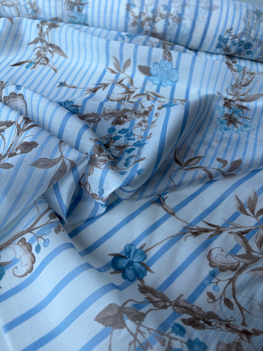 MARGE 021 cotton voile stripes and flowers blue