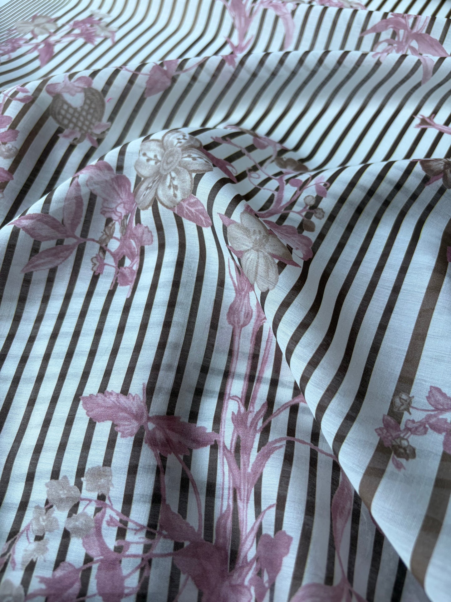 MARGE 022 cotton voile stripes and flowers brown