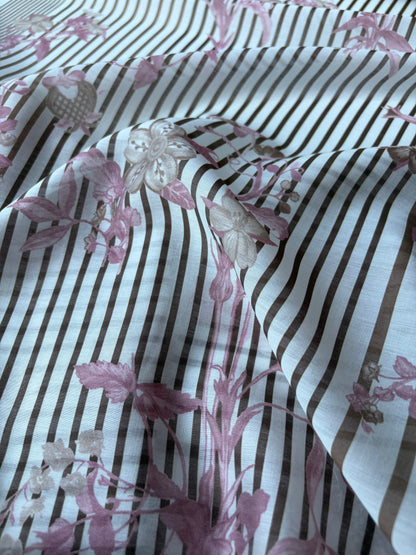MARGE 022 cotton voile stripes and flowers brown