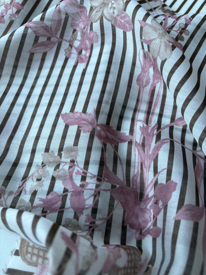 MARGE 022 cotton voile stripes and flowers brown