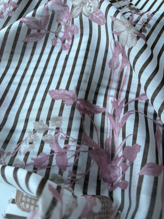 MARGE 022 cotton voile stripes and flowers brown