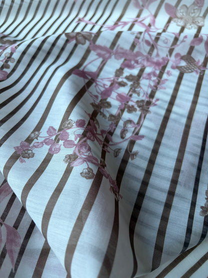 MARGE 022 cotton voile stripes and flowers brown
