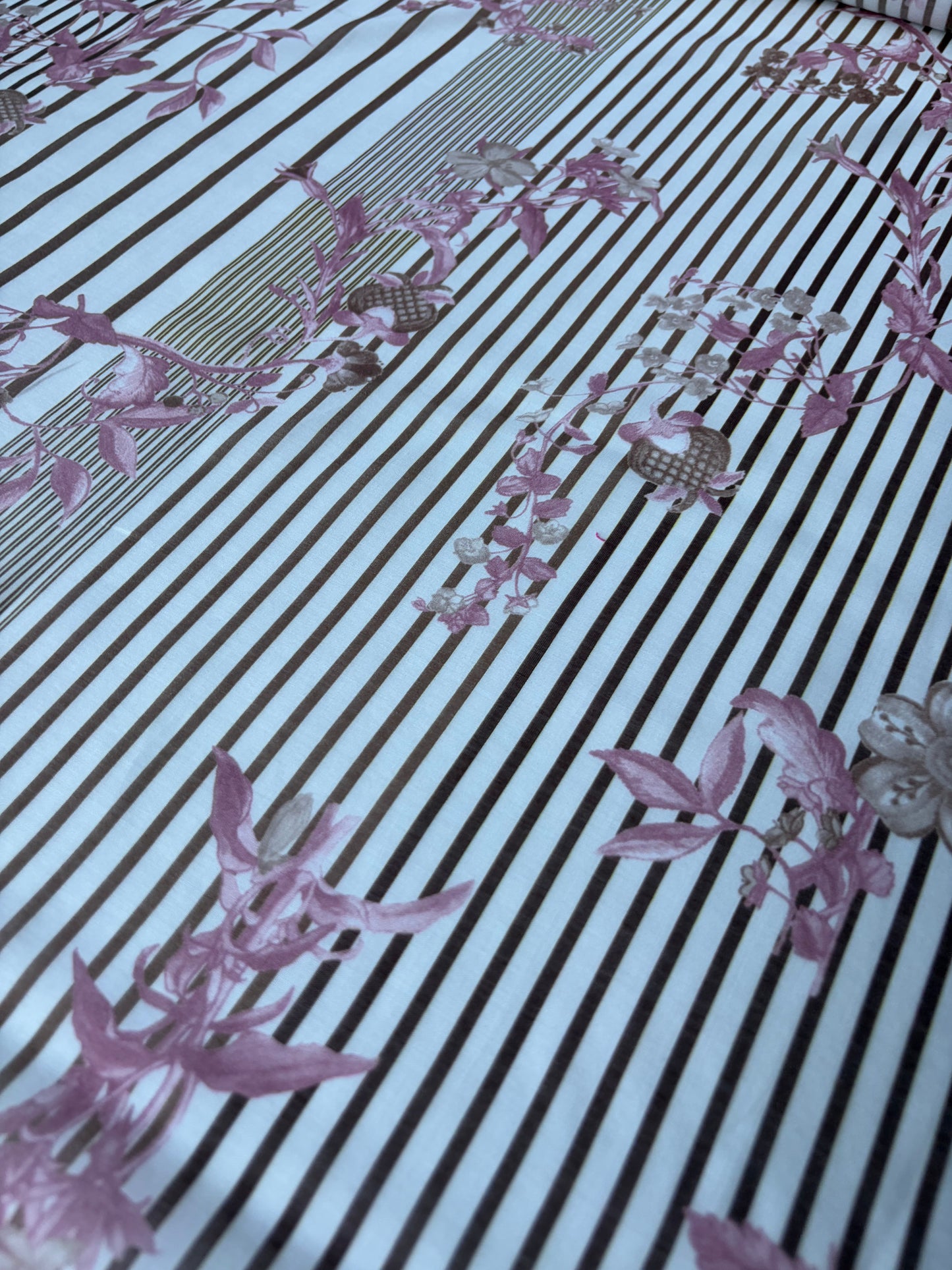 MARGE 022 cotton voile stripes and flowers brown