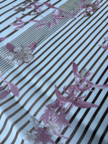 MARGE 022 cotton voile stripes and flowers brown