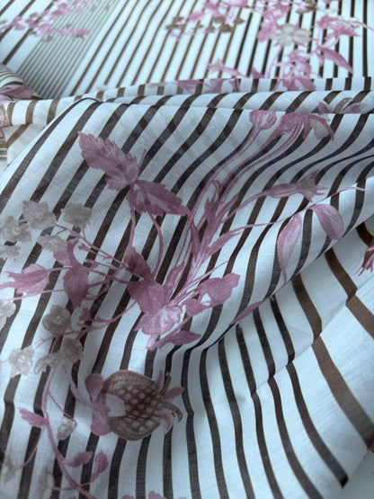 MARGE 022 cotton voile stripes and flowers brown
