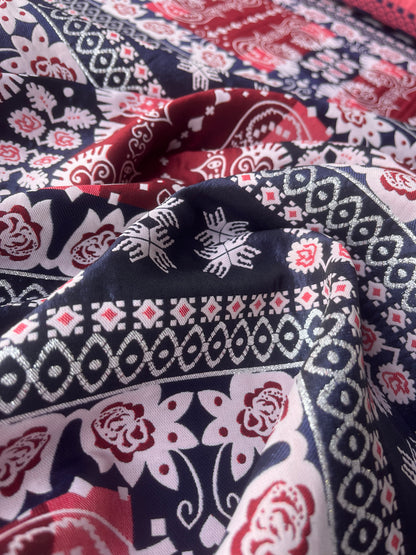 CELESTIN 027 shiny jacquard patchwork red/navy/silver