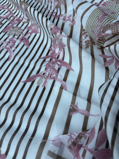 MARGE 022 cotton voile stripes and flowers brown