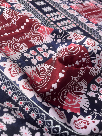 CELESTIN 027 shiny jacquard patchwork red/navy/silver