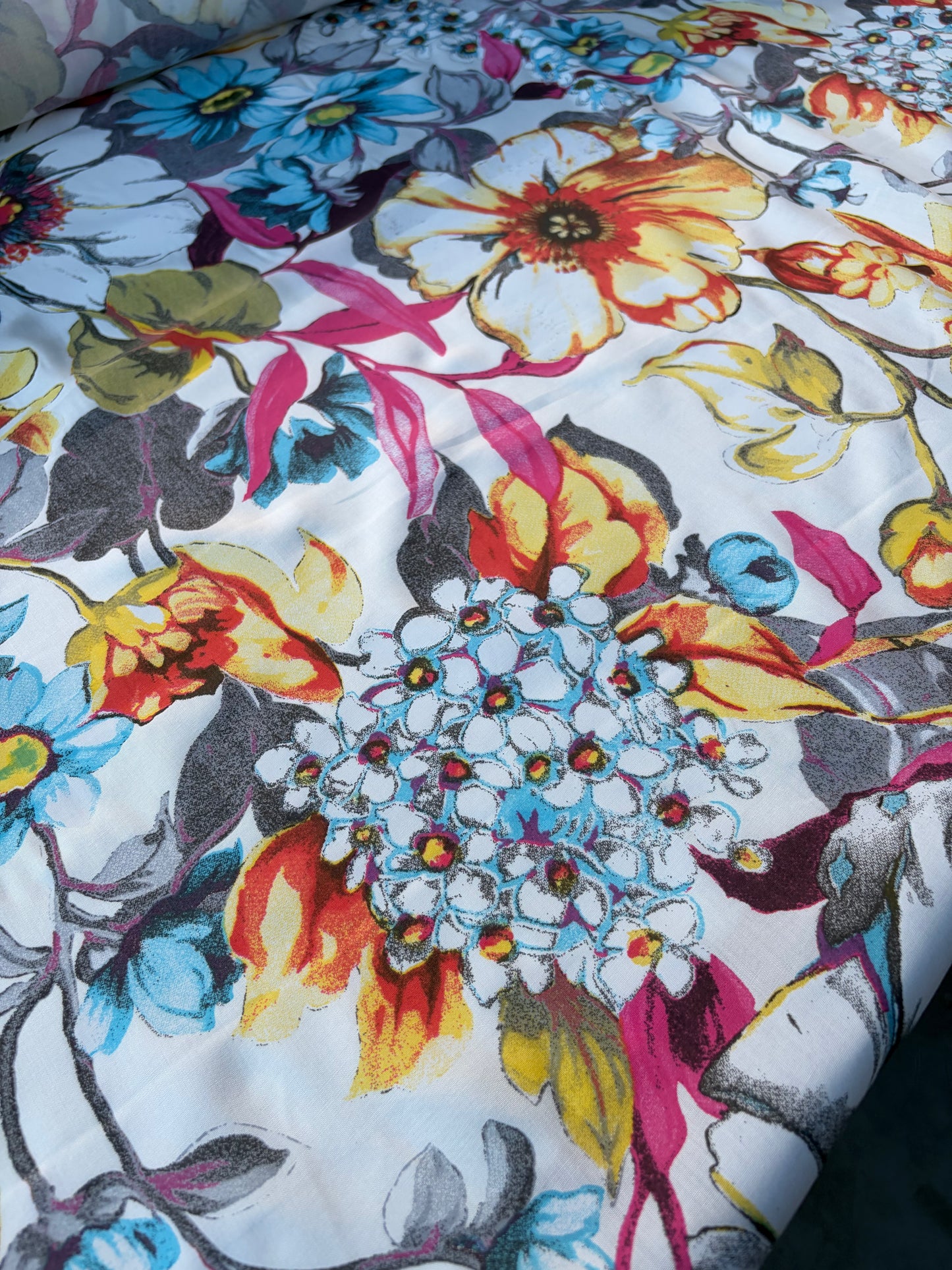 MARGE 040 viscose flowers yellow/turquoise/fuchsia