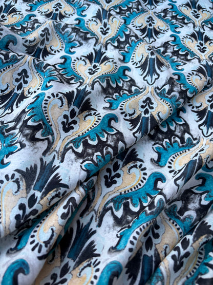 BART 018 petrol/sand baroque style printed  cotton voile
