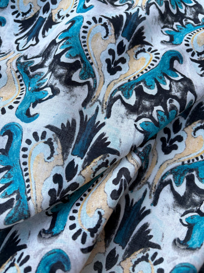 BART 018 petrol/sand baroque style printed  cotton voile