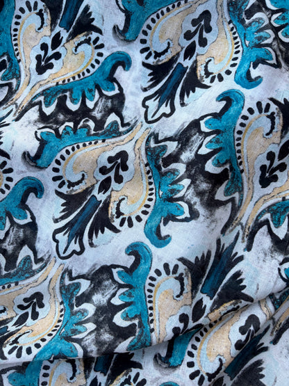 BART 018 petrol/sand baroque style printed  cotton voile