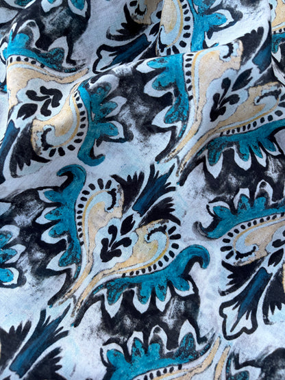 BART 018 petrol/sand baroque style printed  cotton voile