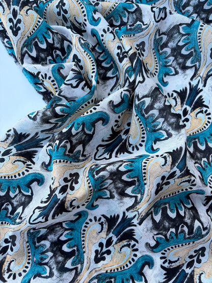 BART 018 petrol/sand baroque style printed  cotton voile