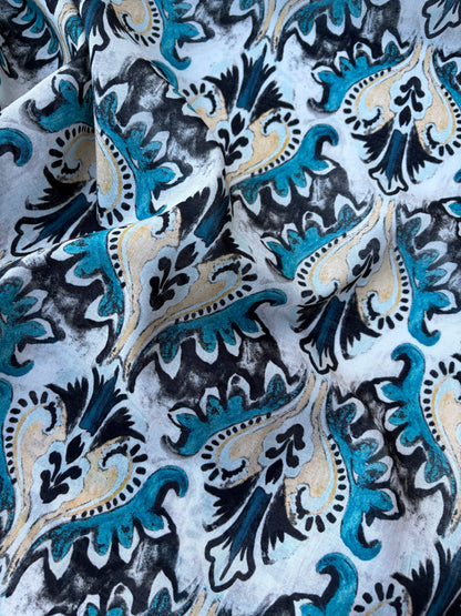 BART 018 petrol/sand baroque style printed  cotton voile