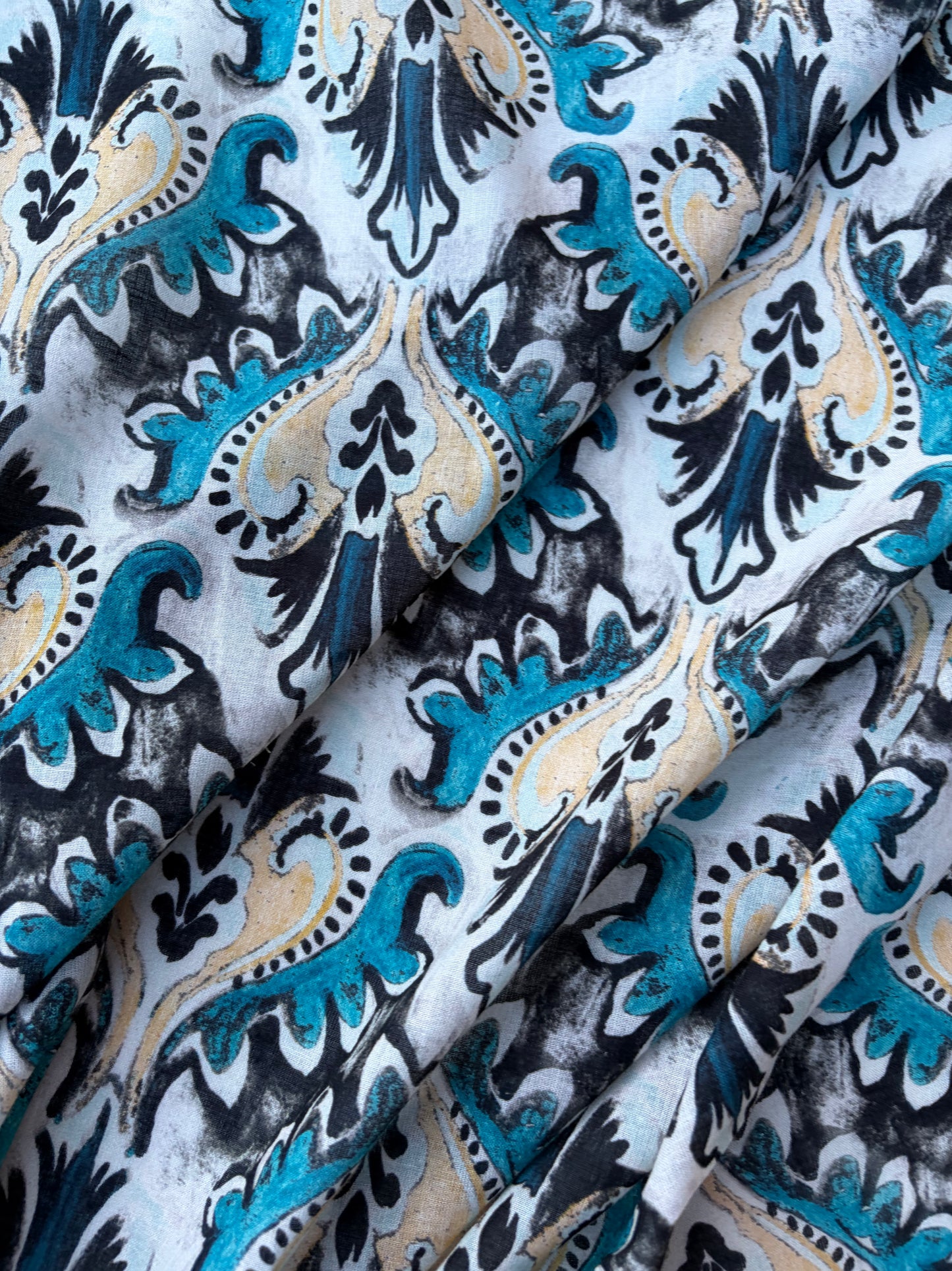BART 018 petrol/sand baroque style printed  cotton voile