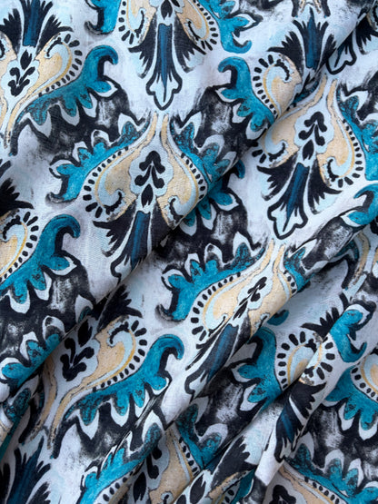 BART 018 petrol/sand baroque style printed  cotton voile