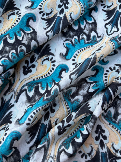 BART 018 petrol/sand baroque style printed  cotton voile