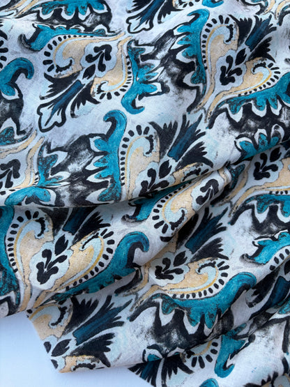 BART 018 petrol/sand baroque style printed  cotton voile