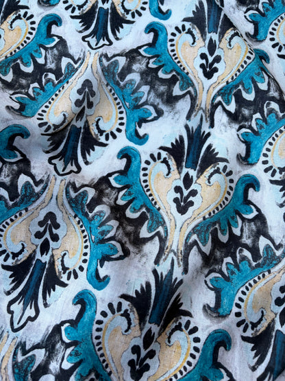 BART 018 petrol/sand baroque style printed  cotton voile