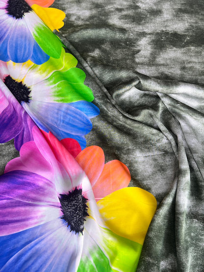 LULU 021 Viscose Satin Single Border Tiedye Floral Print