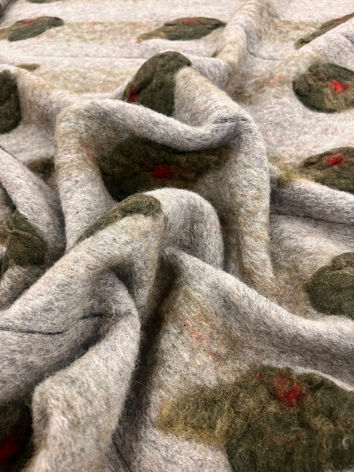 ZOE-044 mid grey heavy boiled wool with applicated flower design
