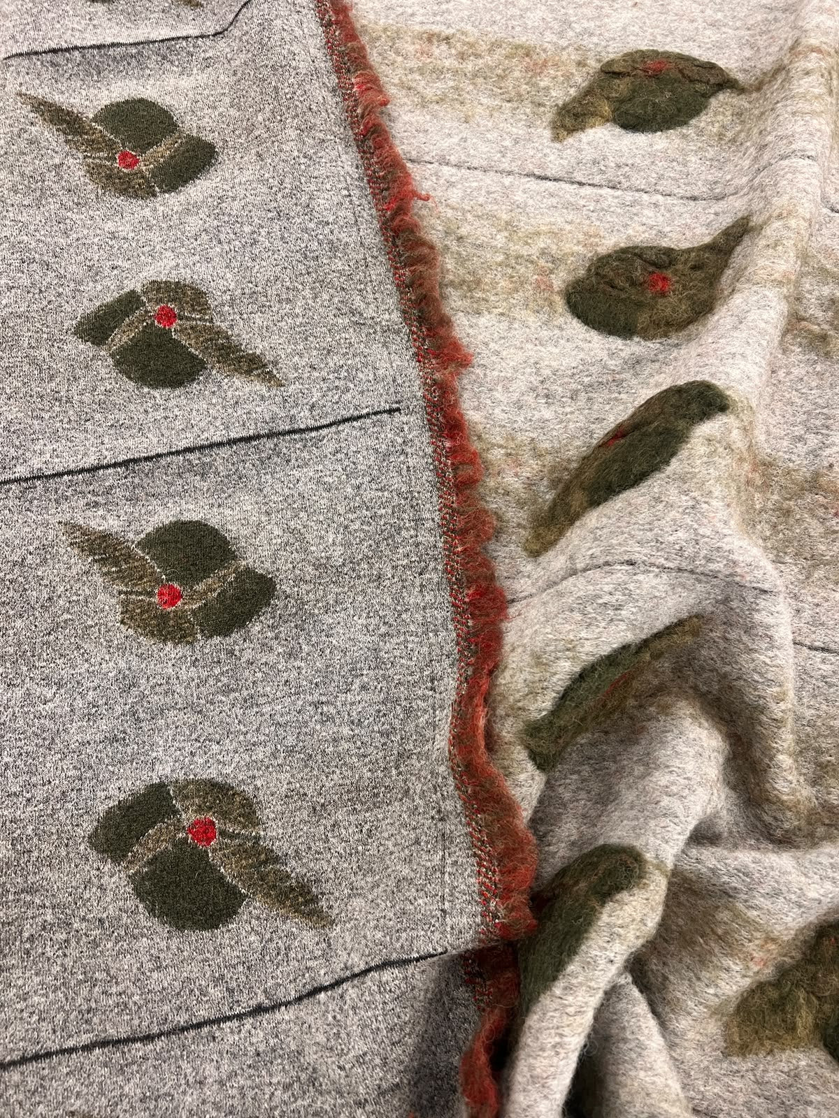 ZOE-044 mid grey heavy boiled wool with applicated flower design