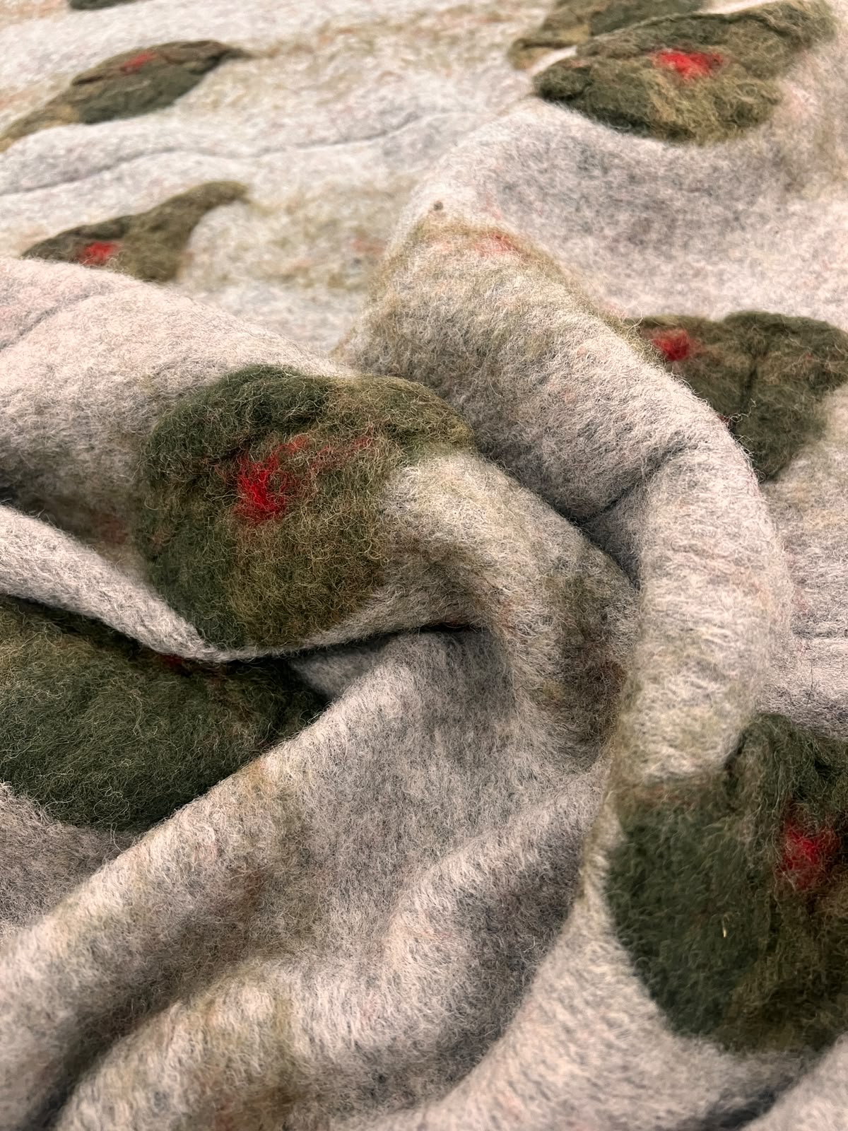 ZOE-044 mid grey heavy boiled wool with applicated flower design