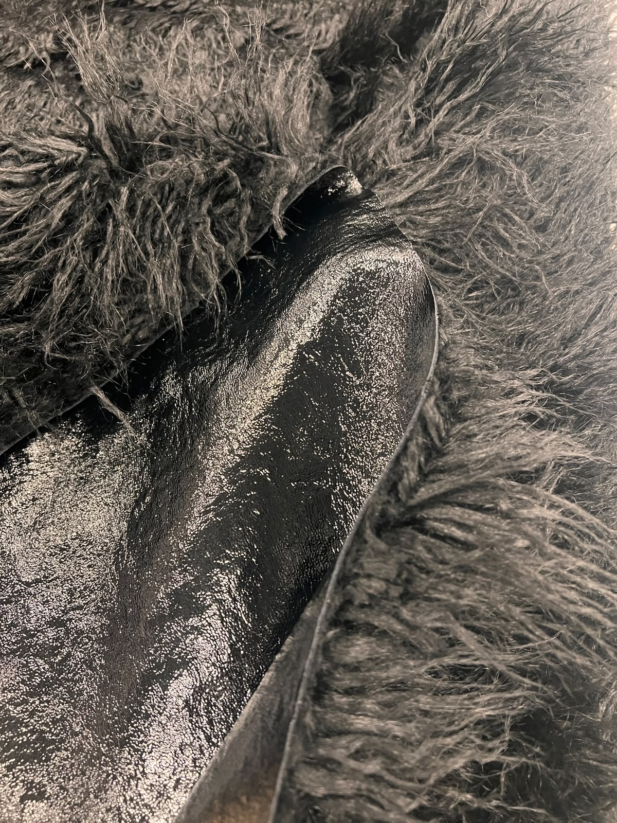 ZOE 071 double face faux leather and faux fur hairy coat fabric black
